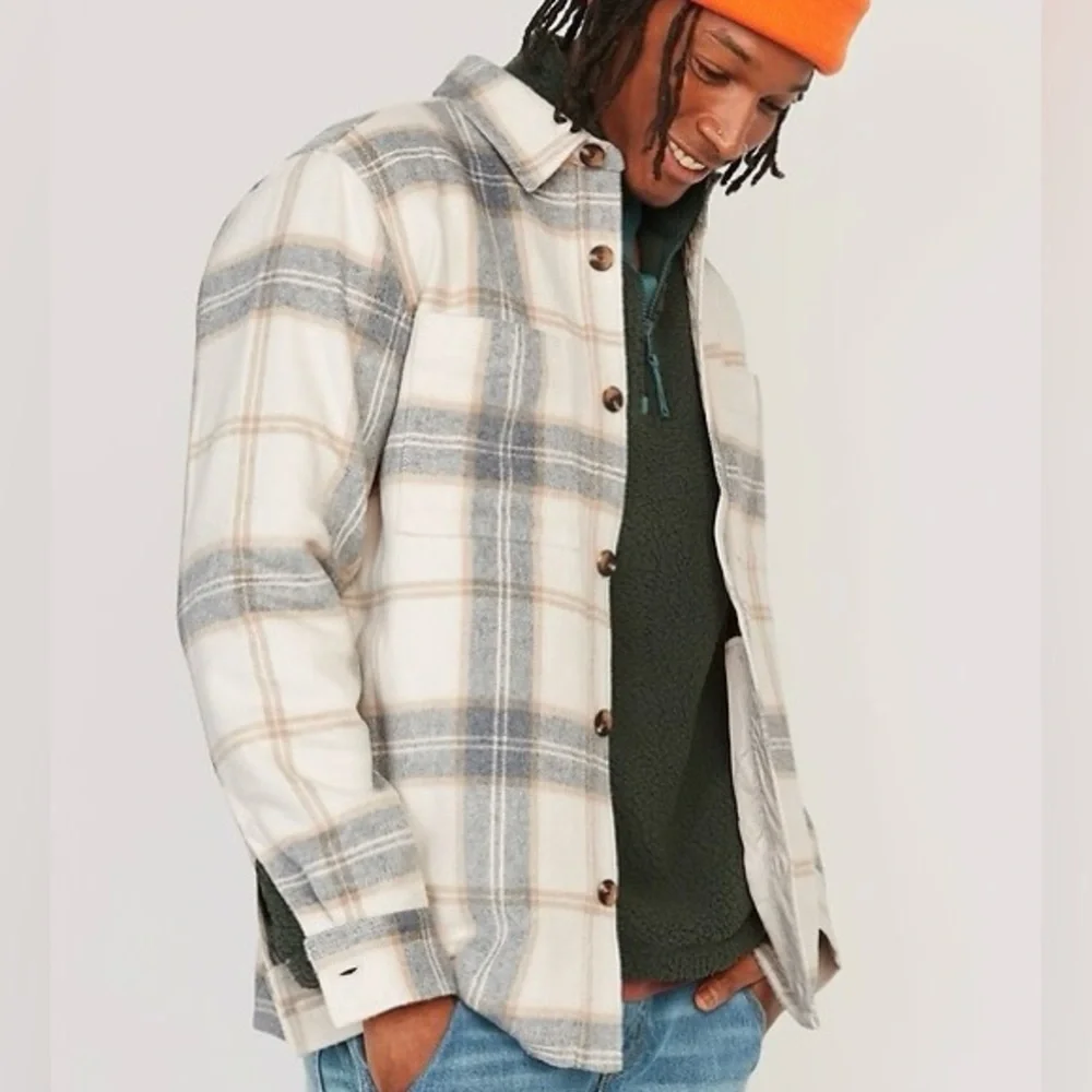 Old Navy Soft Brushed Plaid Shacket Cream & Gray Oversized Jacket XXlarge Men’s